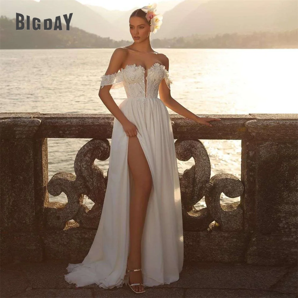 

Elegant A-Line Wedding Dresses Women Lace Off The Shoulder Sweetheart Split Open Back Bridal Gowns Sweep Train Vestidos De Noiva