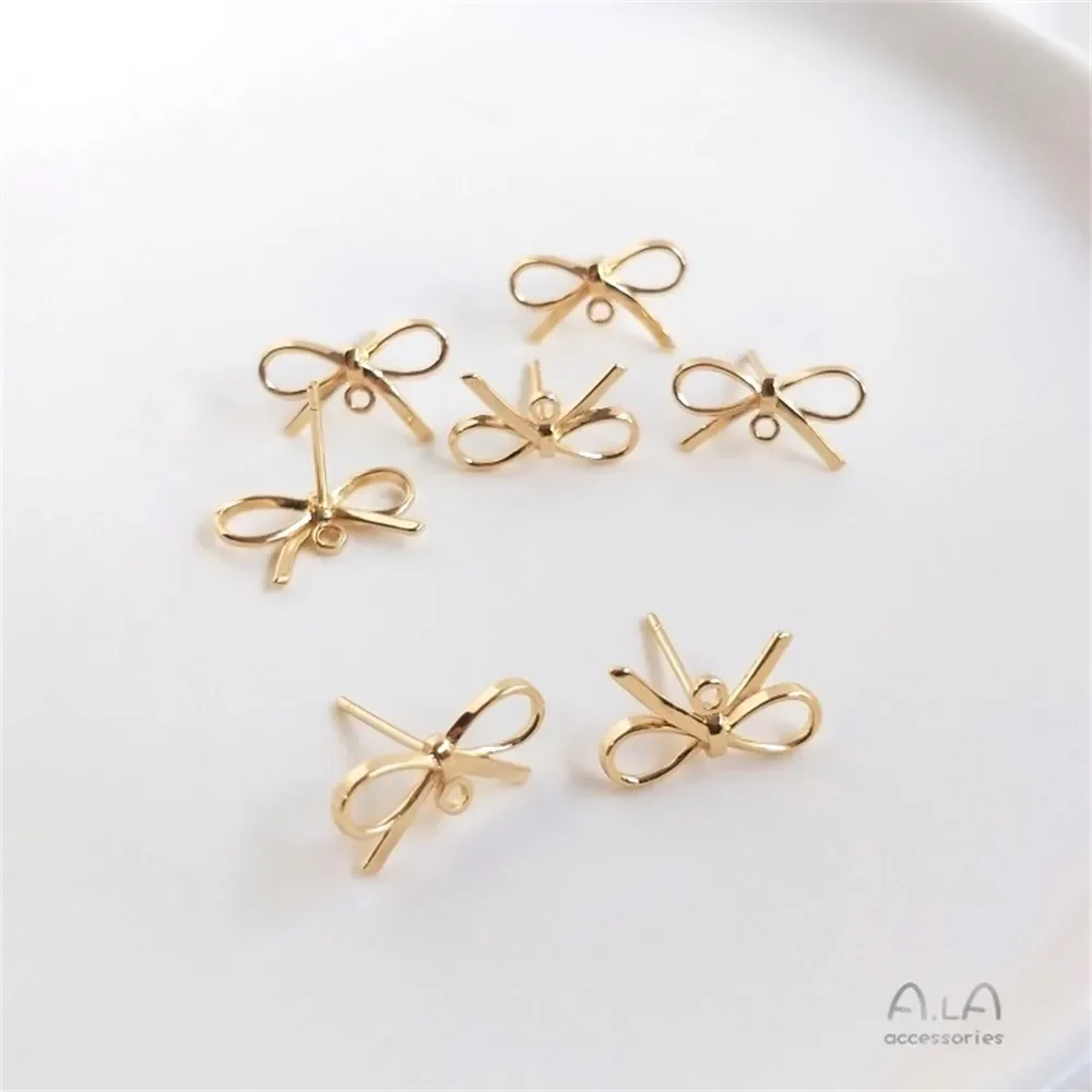 14K Bag Real Gold Bow Stud Earrings with Hanging S925 Ear Pins DIY Handmade Ear Accessories Earrings Material E052