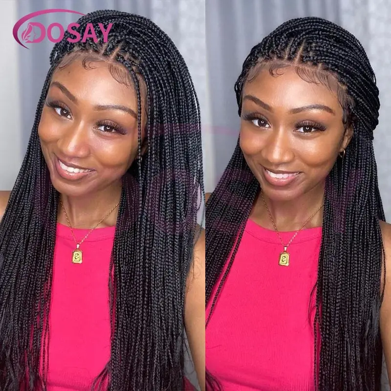 36Inch Synthetic Burgundy Cornrow Full Lace Braided Wigs Long Straight Box Braiding Wig Knotless Box Braid Wig With Baby Hair