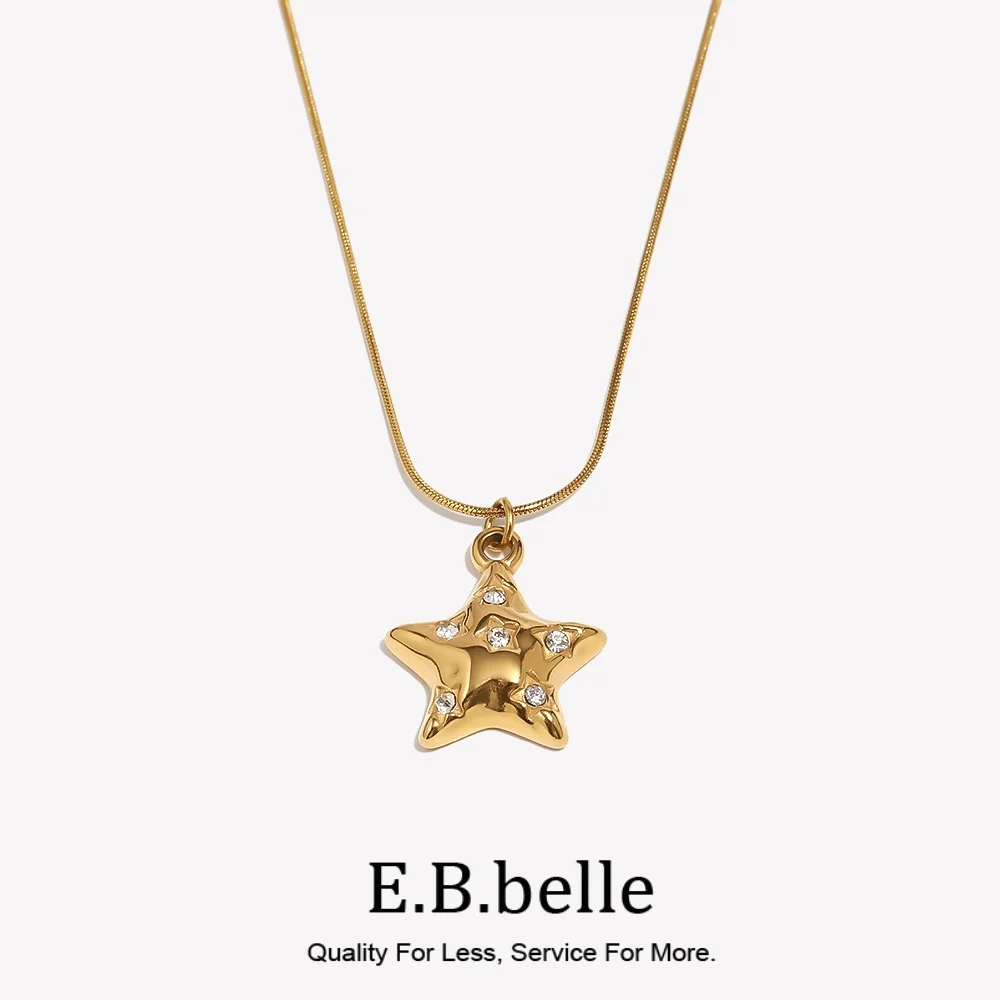 E.B.belle Gold Color Rhinestone Cute Star Pendant Necklace Stainless Steel 18K Gold Plated Women's Party Neck Jewelry Gifts