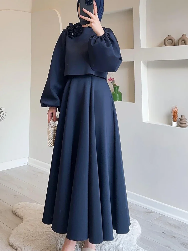 Eid Dubai Fashion Set 2 Piece woman Lantern Sleeve Top Shirt & Skirts Suits Musulman Ensembles Jalabiya Appliques women Sets