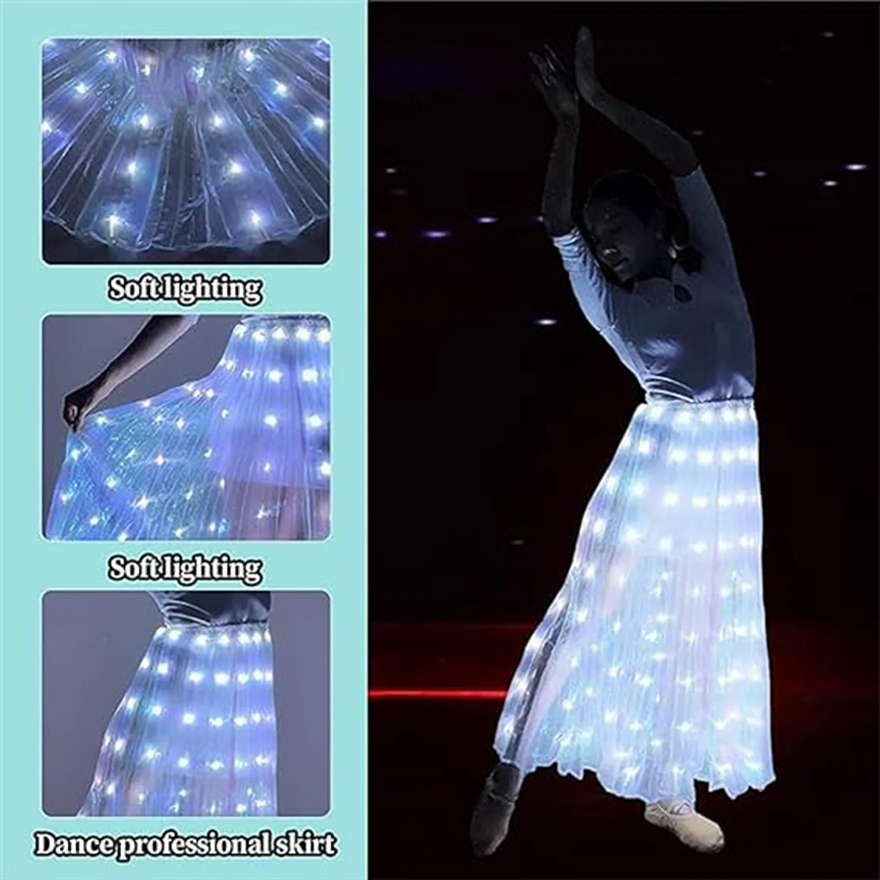 1 luminous dress, white dance props, belly dance performance costumes, suitable for: holiday gift (built-in lithium battery)