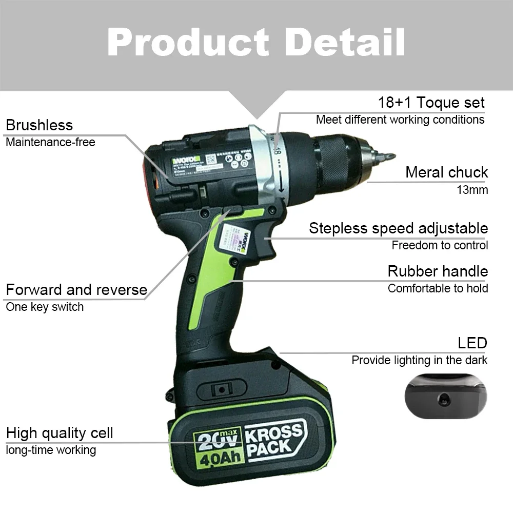 WORX Cordless Electric Drill WU186 20V 60Nm 2000rpm 2 Speed Adjustable Brushless Motor Power Share Green Battery Platform