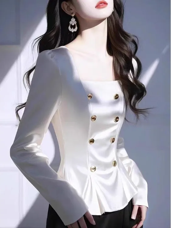 

Ele Long Sve Satin irt Women's Faion Spring Design Square Collar Slimming Age-Defng Top Commute Sle Regular Fit