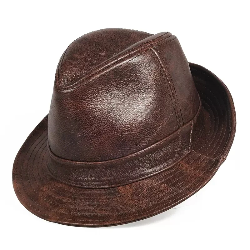 

New In 2024 Men High Quality Genuine Leather Jazz Fedora Cap Gentleman Cow Skin Short Brim Black/Brown Top Hat Male Shows Topper