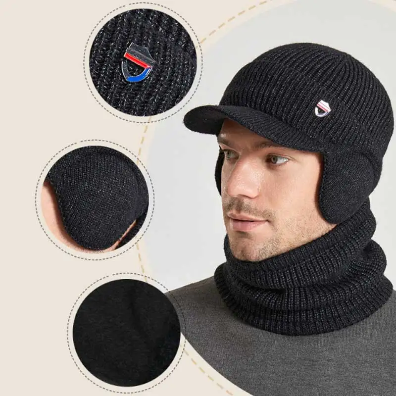 2PCS/set Men\'s Knited Hat Scarf Striped Weave Short Brim Skullies Cap Thick Fleece Lined Windproof Earmuff Riding Hat In Winter