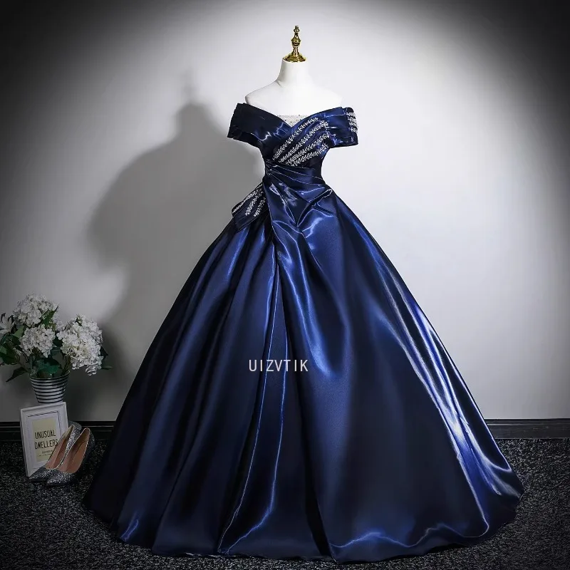 

Синие винтажные атласные длинные вечерние платья, женское сексуальное платье для выпускного вечера с открытыми плечами, индивидуальное платье длиной до пола, торжественное платье