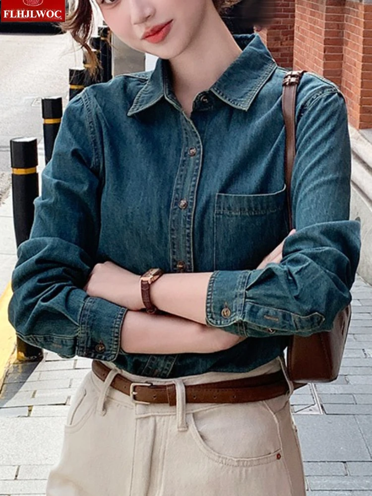 الأوروبي الرجعية الدنيم القمم ملابس خارجية فضفاضة السنة الجديدة الربيع المرأة طويلة الأكمام عادية خمر الوقوف طوق الأزرق الجينز قمصان دينيم #2