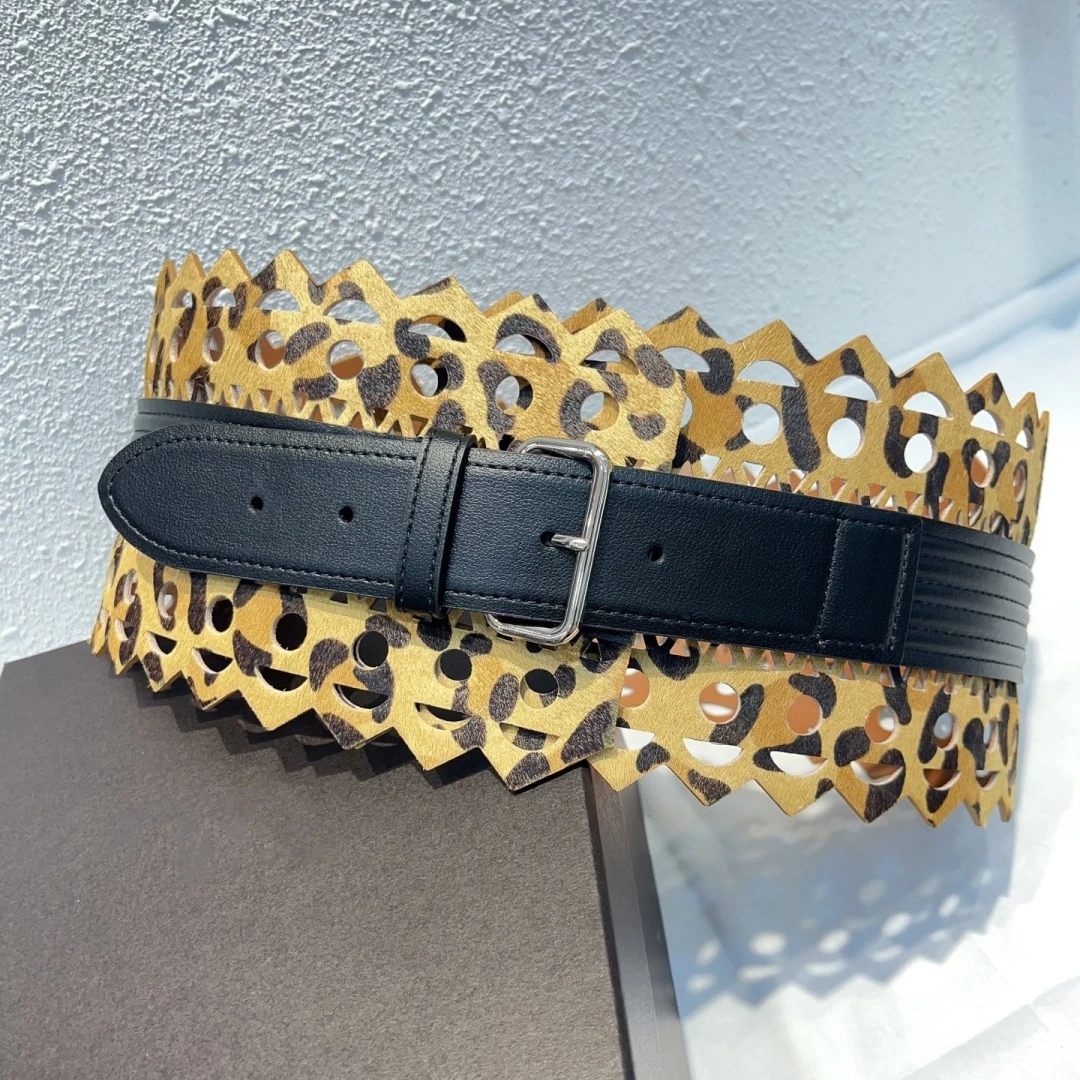 보헤미안 스타일 레이스 중공 허리띠 소 가죽 벨트 정품 가죽 여성 드레스 장식 와이드 레오파드 프린트 허리띠Cummerbunds