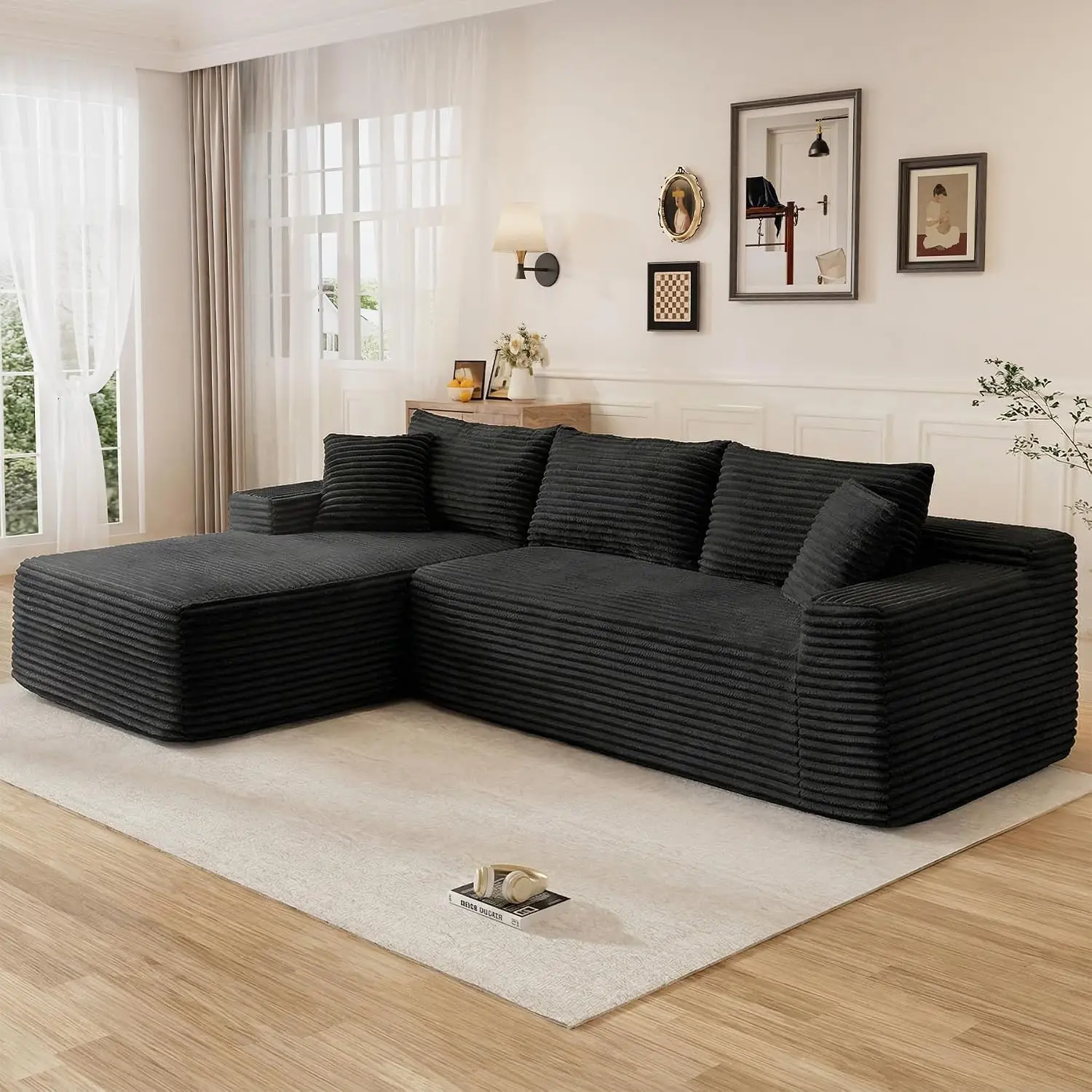 95'' Sectional Boneless Couches, Cloud-Like L Shaped Couch with Chaise, Soft Corduroy Upholstery, Deep Seat, Customized