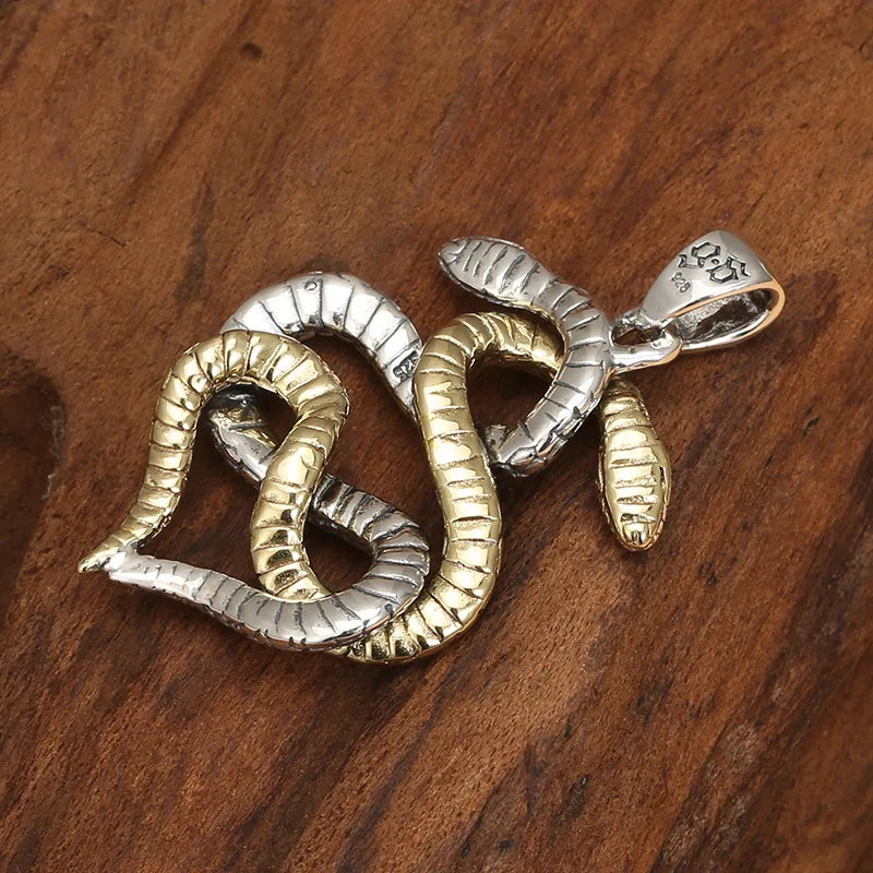 S925 sterling silver retro zodiac sign double snake wrapped cotton couple pendant creative gold and silver snake necklace