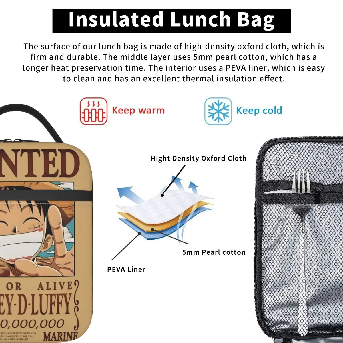 Custom Cartoon L-Luffy Wanted Portable Lunch Box Leakproof O-One P-Pieces Thermal Cooler Food Insulated Lunch Bag Office Work view 4