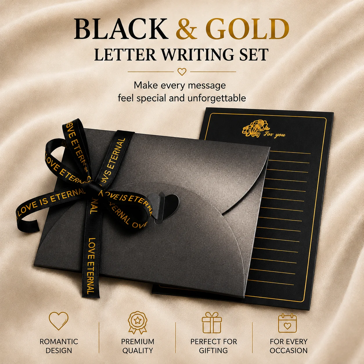 Ensemble de papier à lettres noir avec estampage à chaud en forme de rose, enveloppe pour lettre d'amour romantique, papeterie pour la Saint-Valentin, cadeau pour petite amie