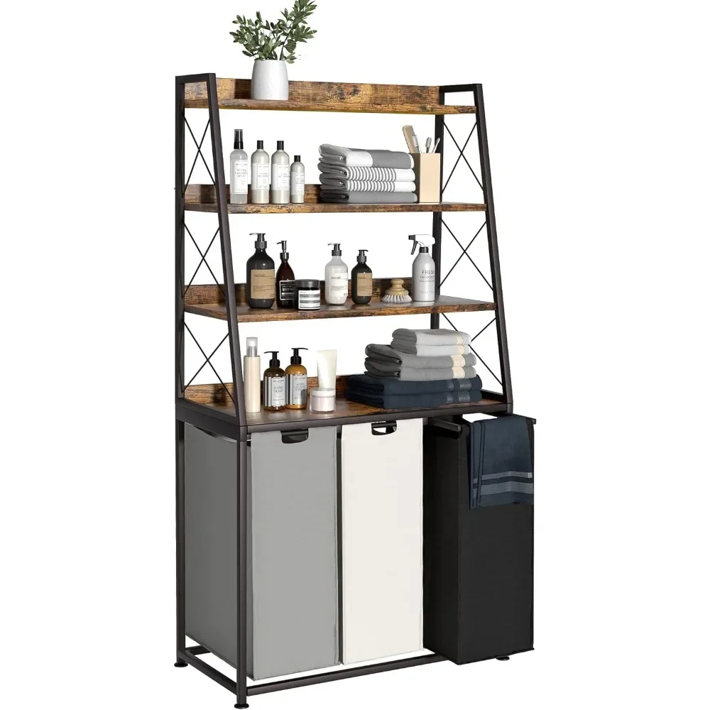 

Durable 3-section laundry basket with 4-level shelf Large removable and removable laundry bags 3 x 15.87 gallons