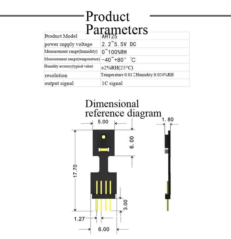 AHT25 Integrierter Temperatur- und Feuchtigkeitssensor - Pin-Typ / Wasserdicht und staubdicht / Temperaturkompensation ASAIR – Detail 3