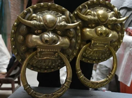 15 "الصينية النحاس فنغشوي الشر الحرس فو فو الكلب الأسد رئيس مطرقة الباب زوج #4