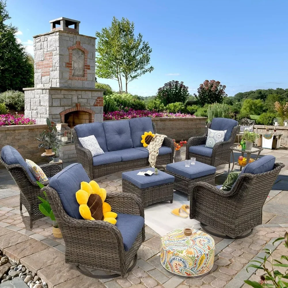 Wicker patio furniture set of 8 with 3-seater sofa, 2 swivel rocking chairs, 2 armchairs, 2 ottomans and 1 side table