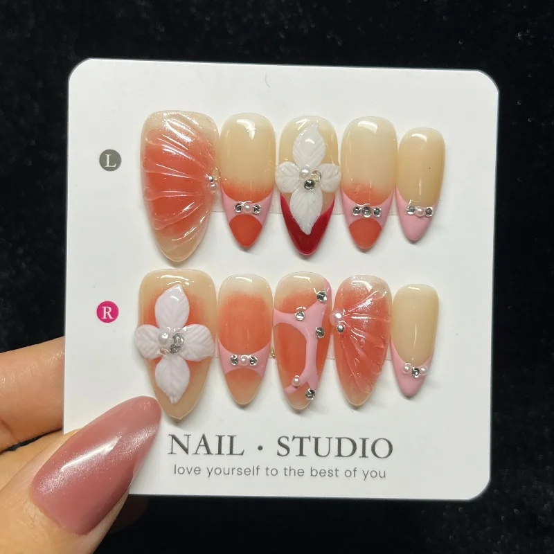 

10PCS Pink Blush French False Nails Sweet 3D Ripples Flower with Pearl Almond Handmade Press on Nails Wearable Fake Nail Fashion