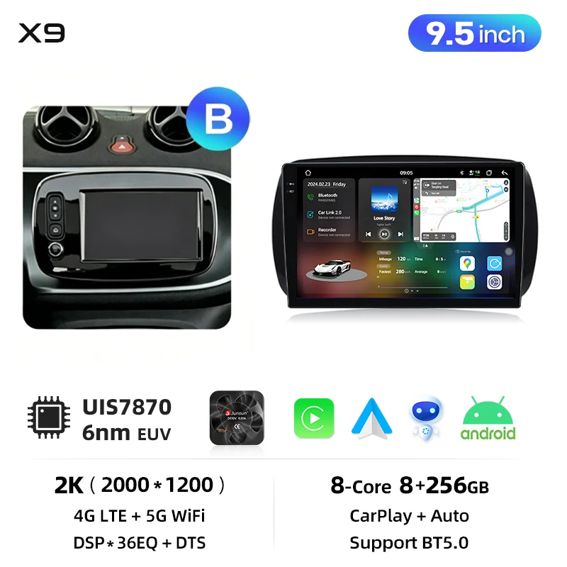 Junsun Android Auto Autoradio für Mercedes Benz Smart 453 Fortwo 2014 2015 2016-2020 Multimedia Wireless Apple CarPlay Intelligente Systeme IPS Touchscreen Stereo Videoplayer 2 Din Autoradio Head Unit