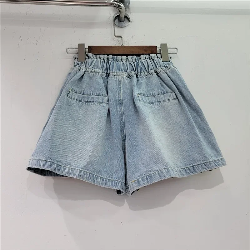 Women Summer Colorful Diamonds Beaded Denim Shorts Handmade Rhinestones Wide Legs Shorts High Waist Elastic Sequined Jeans Pants