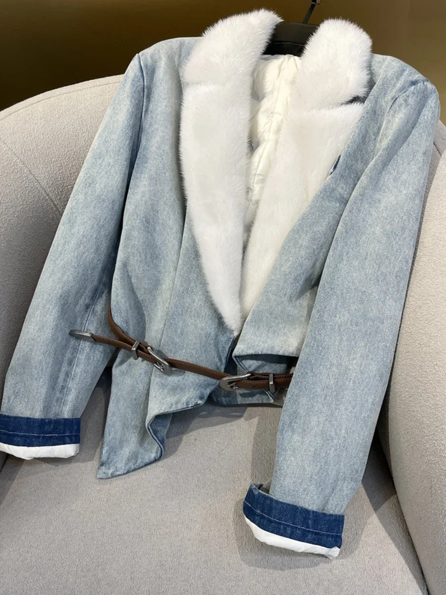 VGH Chic Splicedไม่สม่ําเสมอDenim Coatสําหรับผู้หญิงแขนยาวPatchworkเข็มขัดแจ็คเก็ตสั้นFaux Furหญิงฤดูใบไม้ผลิใหม่