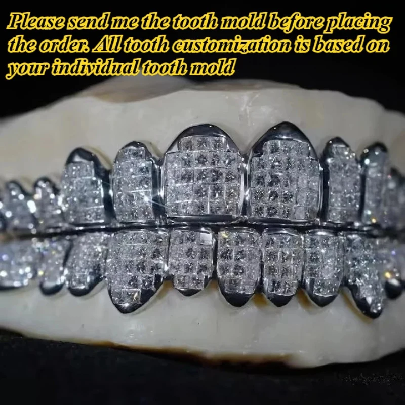 VVS Setting Teeth Top & Bottom Princs Cut K Gold Silver Iced Out Fine Jewelry Man