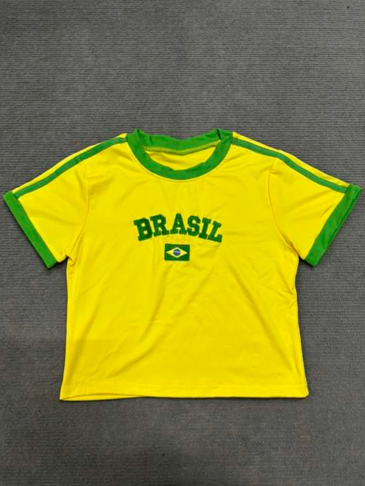 Sommer Dopamin Persönlichkeit Casual Kurzarm Oansatz T-shirt Brasilianische Brief Stickerei Kontrast Straße Casual Crop Tops