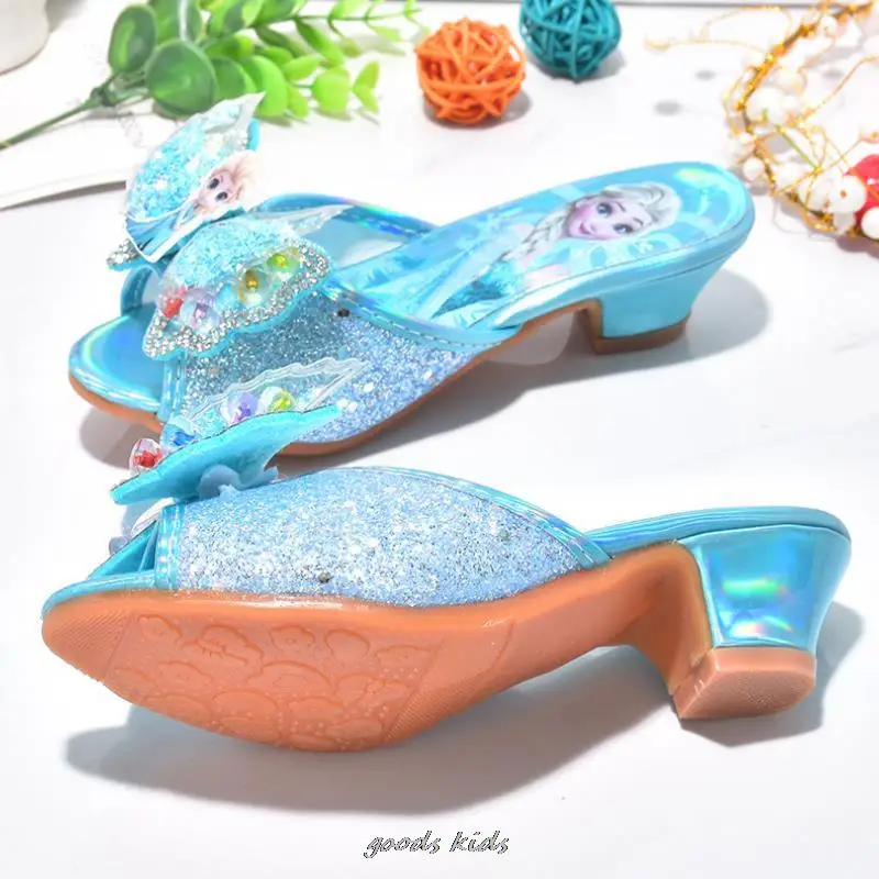 Disney Girls Summer Sandals Slipper Sequined Princesse Children High Heel Party Dress Elsa Shoes Leather Slipper For Girls Gift