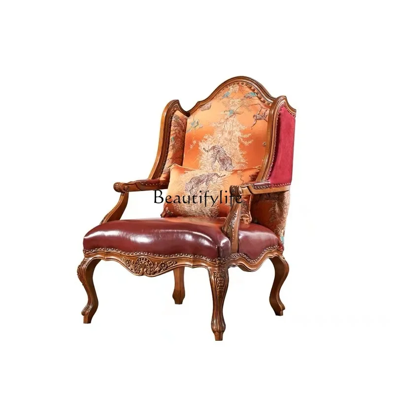 

Solid wood carving flower sofa chair high back chair leather tiger leisure chair