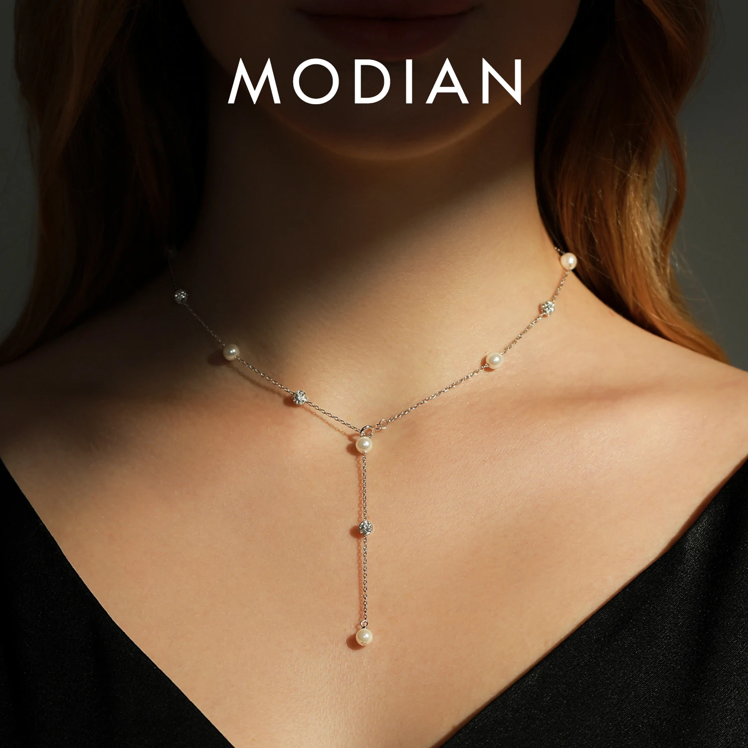 MODIAN 925 Sterling Silver Shambhala Sparkling Zirconia Ball Chain Luxury Shiny Y Shape Necklace For Women Fine Choker Jewelry