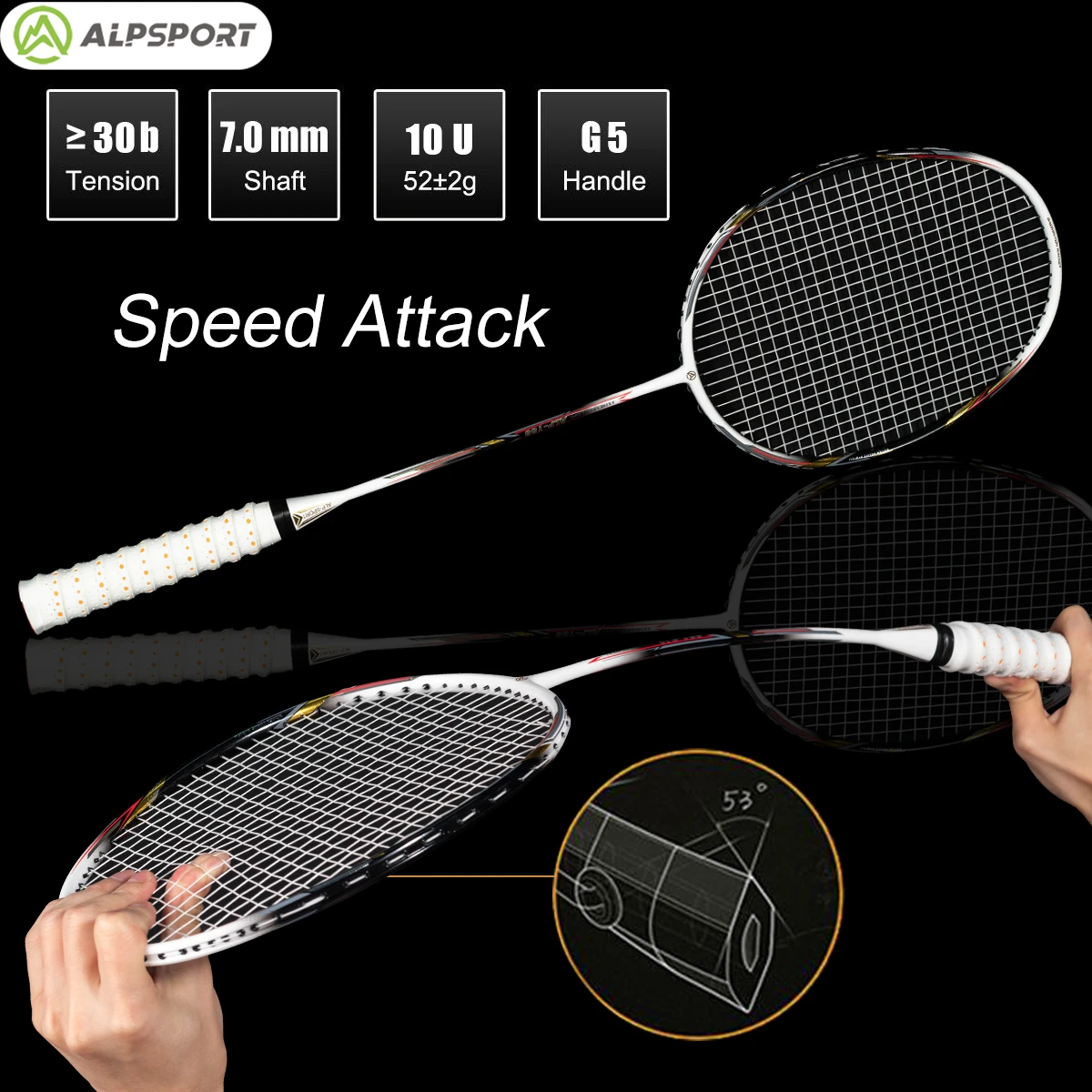 Alpsport AIR 10U  초경량 52g T500 배드민턴 라켓 빠른 리바운드  수입 최대 28파운드 100% 프로 카본 파이버 + 티타늄 라켓 중급자부터 상급자까지 배드민턴라켓 