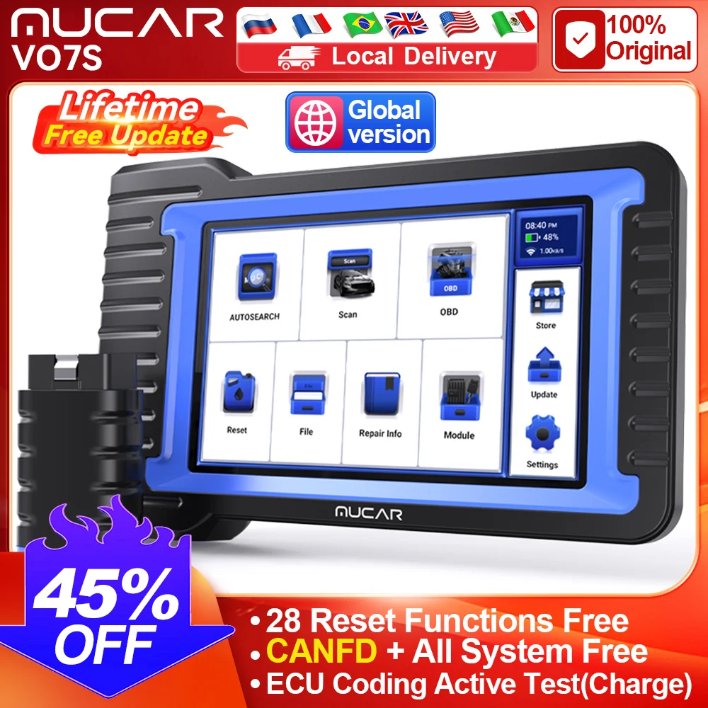 

MUCAR VO7S CANFD Автомобильный диагностический инструмент Полная диагностика систем 28 сбросов Инструмент сканирования Двунаправленный Contorls Кодирование ЭБУ Сканер OBD2