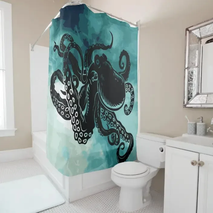 Vintage Ocean Octopus Kraken and Sailboat Illustration Shower Curtain Bathroom Curtain Hook Decorative Bathroom Curtain