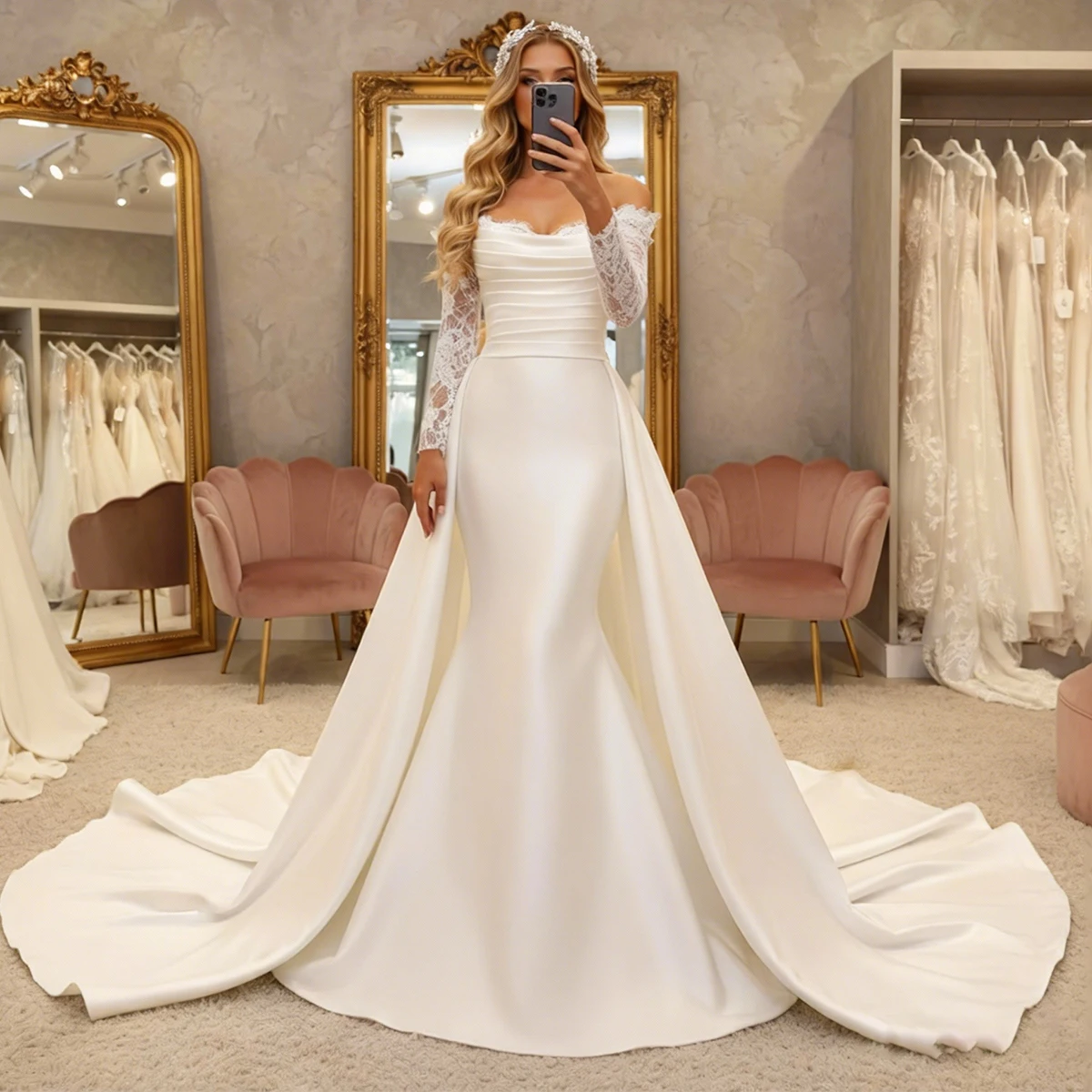 

Elegant Mermaid Satin Wedding Dresses With Train Off Shoulder Long Sleeve Lace Bridal Party Gown For Women Vestidos Novia