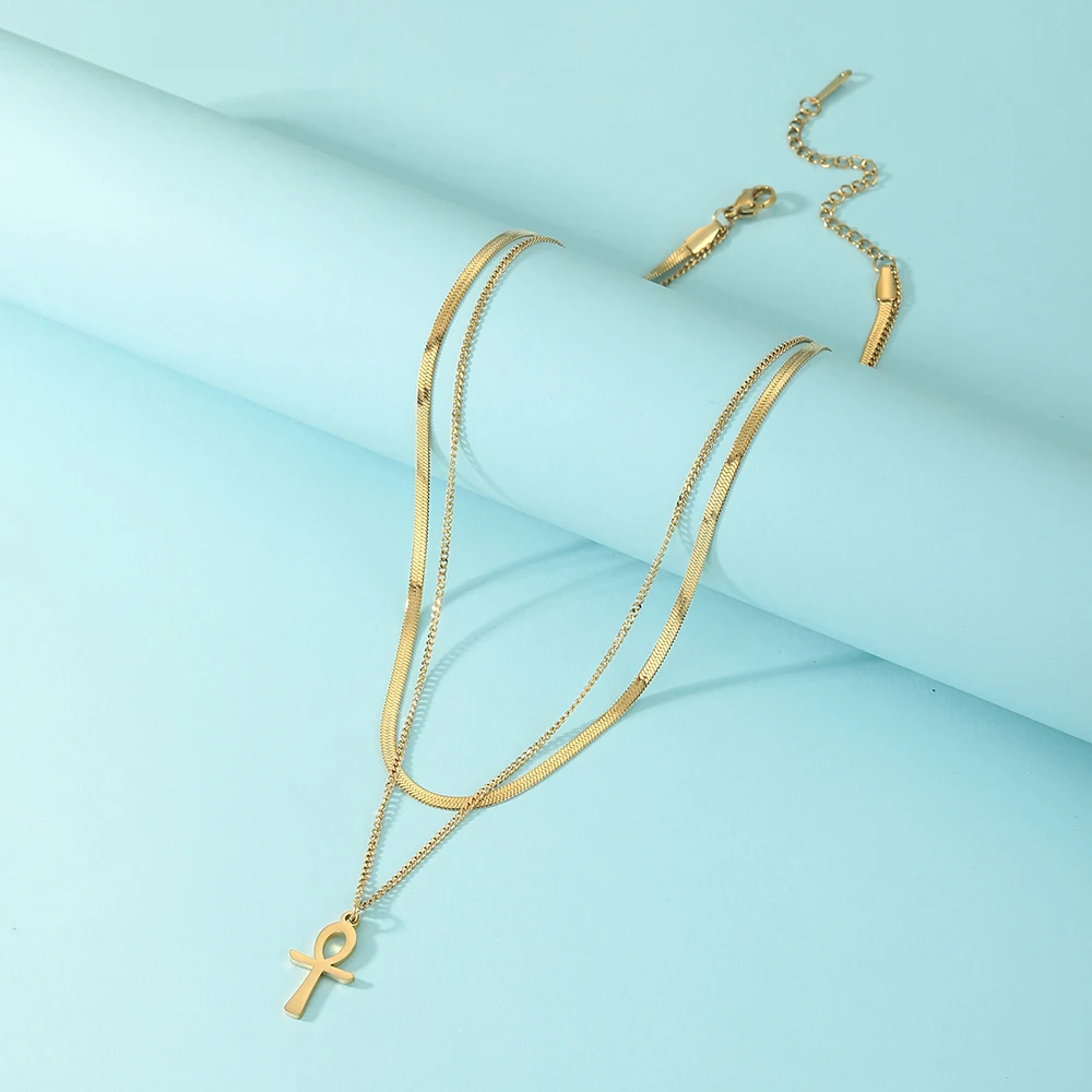 Dawapara Ankh Halskette Ägypten Koptischen Kreuz Charme Doppel Schicht Schlange Kette Edelstahl Frauen Halskette Amulett Religiöse – Detail 13