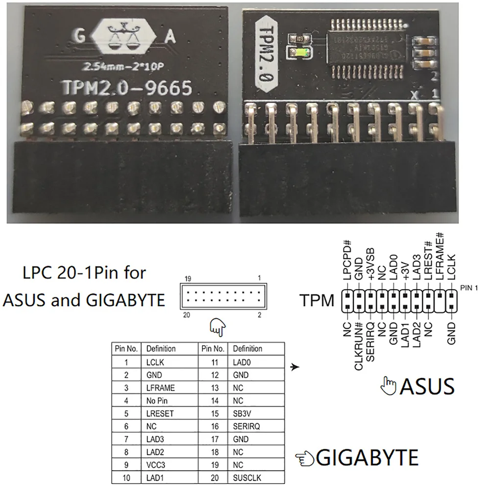 Gigabyte-Carte mère de sécurité cryptée, ASUS TPM 2.0, Windows 11, LPC 20 broches, carte mère Tech, 1PC