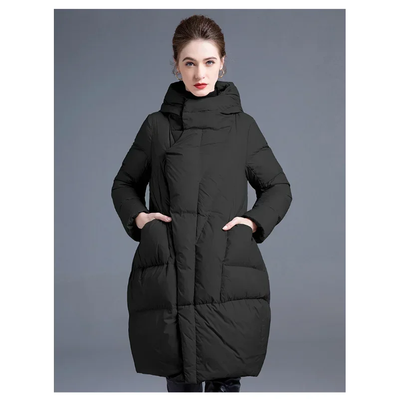Loose Silhouette Down Coats Women Hooded 2024 Winter Hidden Button Thickened Slimming White Duck Jacket Fashion Commuter Style