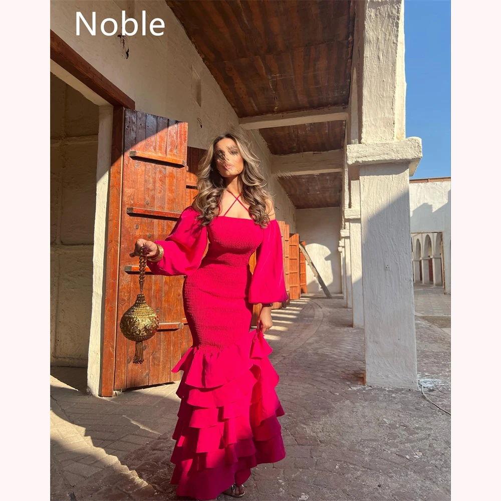 

Noble Red Off-the-shoulder Neckline Summer Formal Evening Dress For Women 2023 Long Sleeves With Tiered Ruffle Custom Gowns