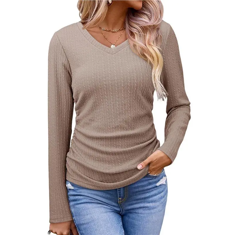 

Популярные женские топы Kf, повседневные рубашки с длинными рукавами и v-образным вырезом, однотонные базовые туники с рюшами, блузки