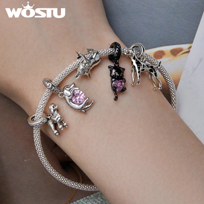 WOSTU 925 Sterling Silver Cute Pet Charms Bulldog Beads Lovely Bradypod Cat Friends Fit Original Bracelet Bangle DIY Jewelry