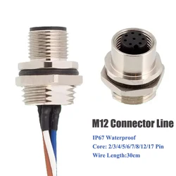 IP67 M12 Cable Connector Socket with 30cm Wire Metal Shielded 2 3 4 5 Pin Plug Line Panel Mount Male Female Connectors Adapter