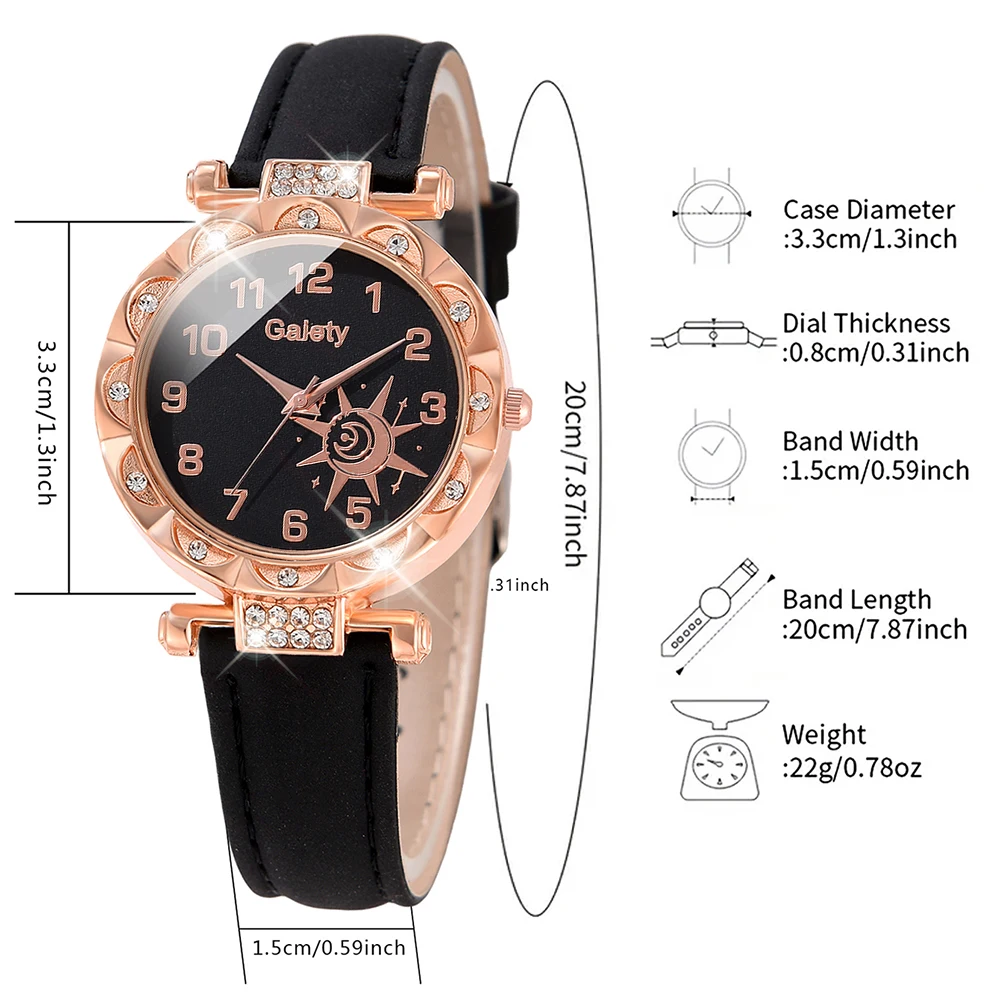 1PCS Simple Luxury Sun Element Leather Strap Watch Black Casual Fashion Quartz Watch Is The Perfect Gift For Her (No Box)