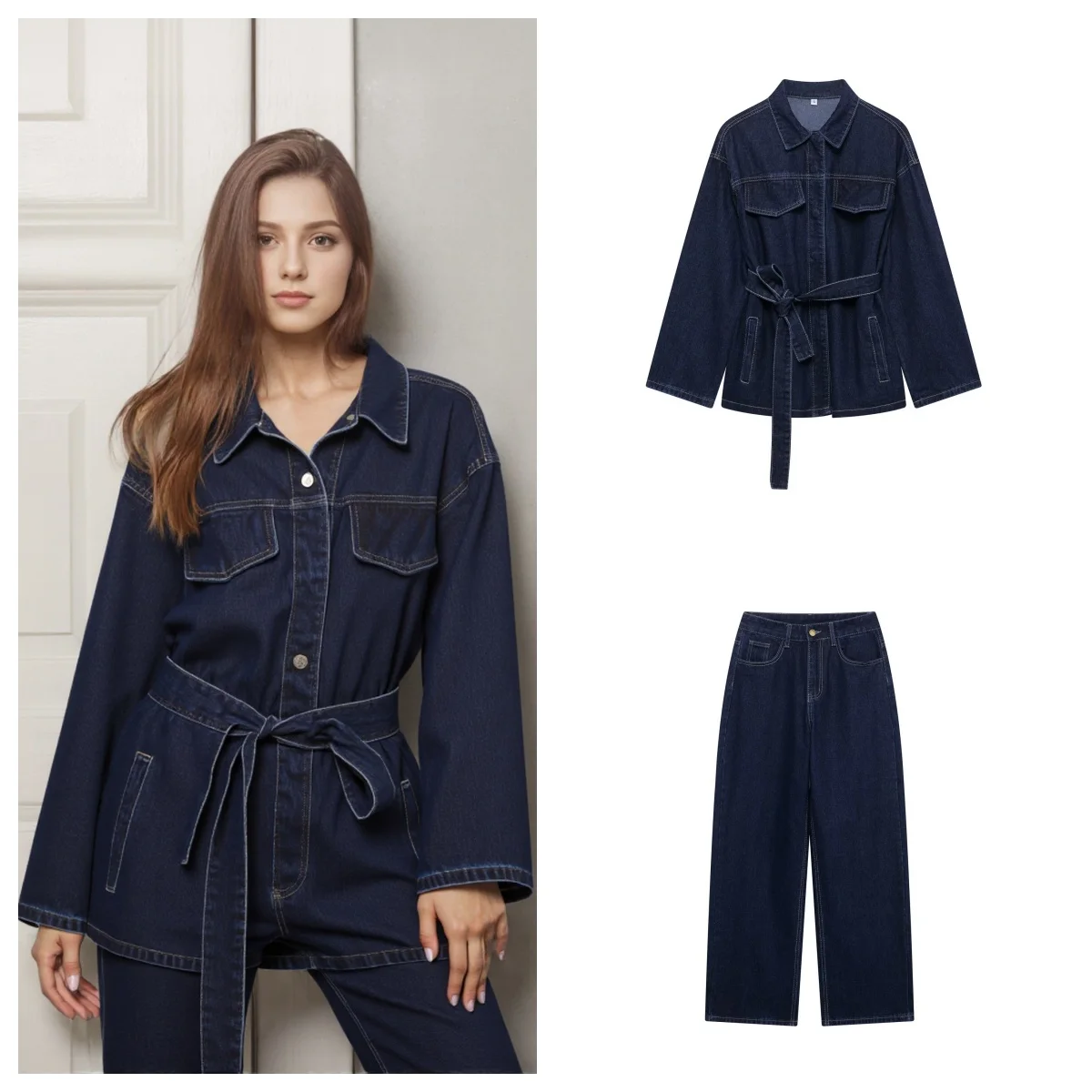 

HOTCIAL Женские модные комплекты из 2 предметов с поясом Джинсовые куртки и винтажные джинсы на молнии спереди Брюки Женские шикарные женские комплекты брюк