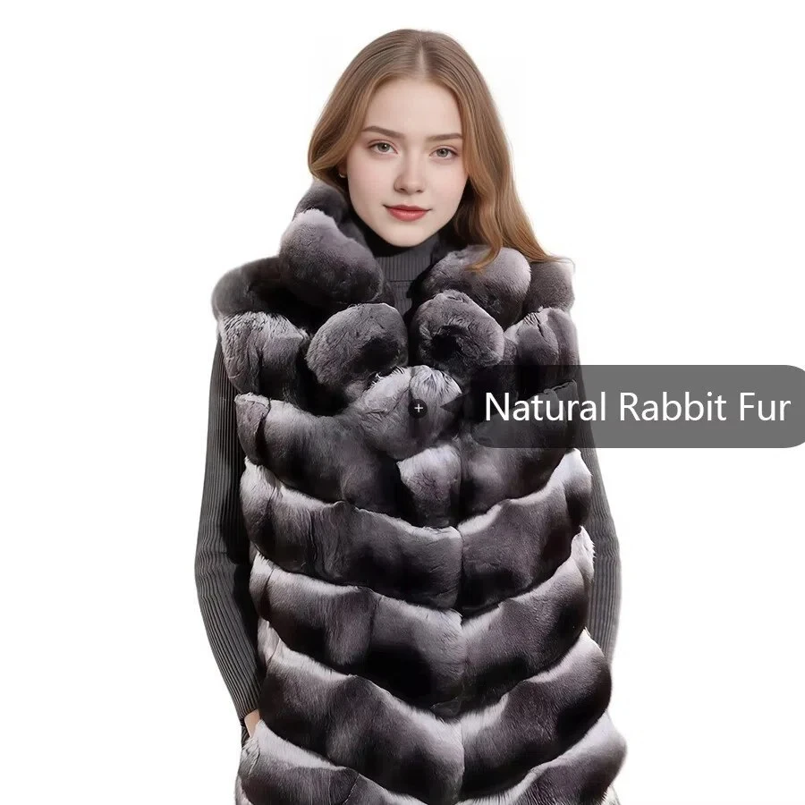 Natrual Rex Rabbit Fur Vest With Collar 2024 High Qualiy Chinchilla Rabbit Fur Vest Long Rabbit Fur Vest