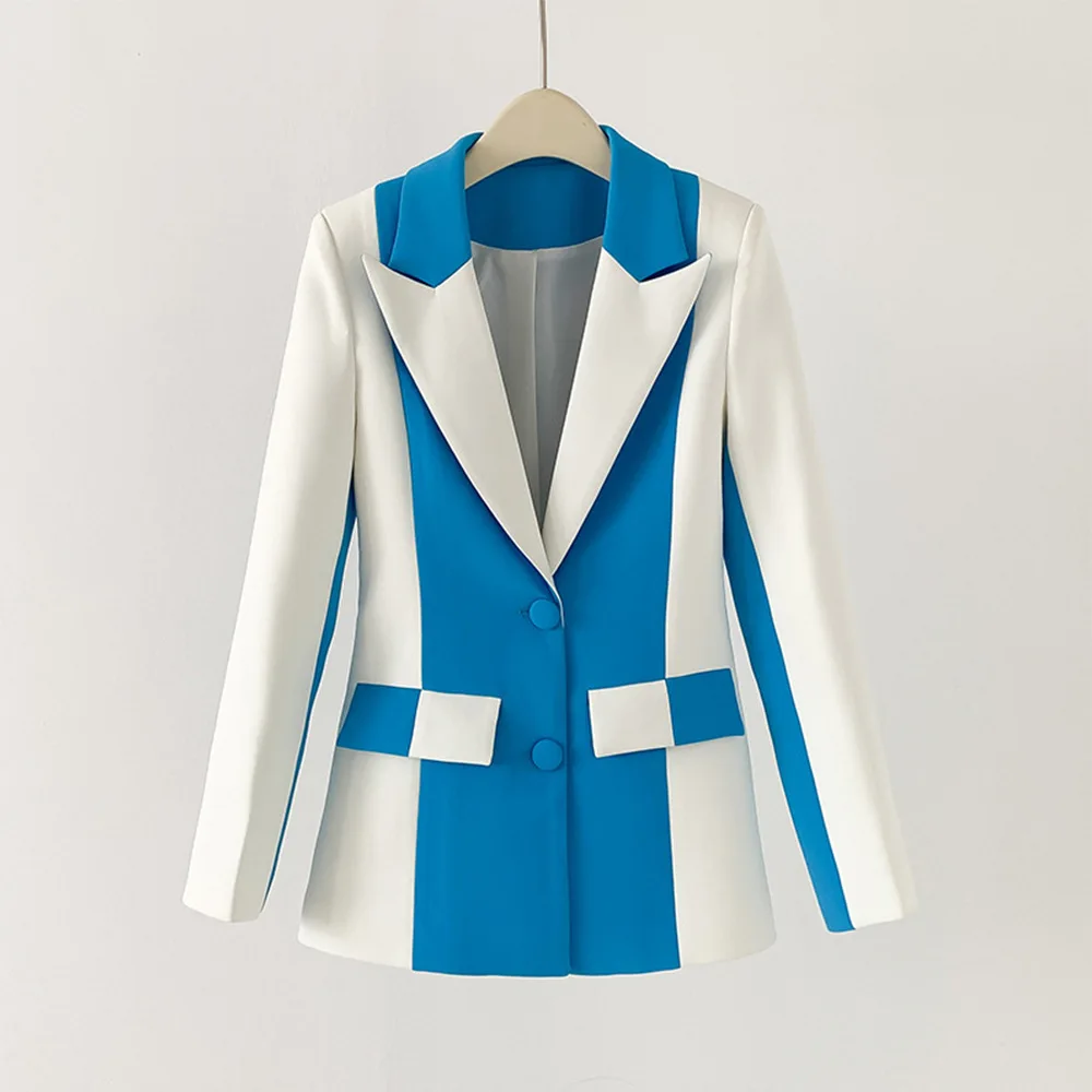 Blue White Women Suit Set 2 Pcs Patchwork Color Jacket+Pants Spring Office Lady Daily Work Wear Cotton Coat Prom Dress Trousers