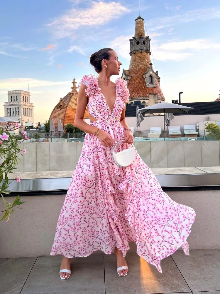 Abito lungo floreale senza schienale per le vacanze Abiti con scollo a V profondo ritagliati Abiti stile europeo americano A Line Abito slim fit con volant