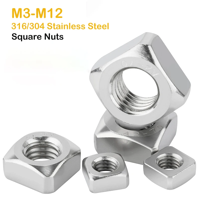 1-20PCS 316/304 Stainless Steel Square Nuts M3 M4 M5 M6 M8 M10 M12 Square Nut With Chamfered Edges