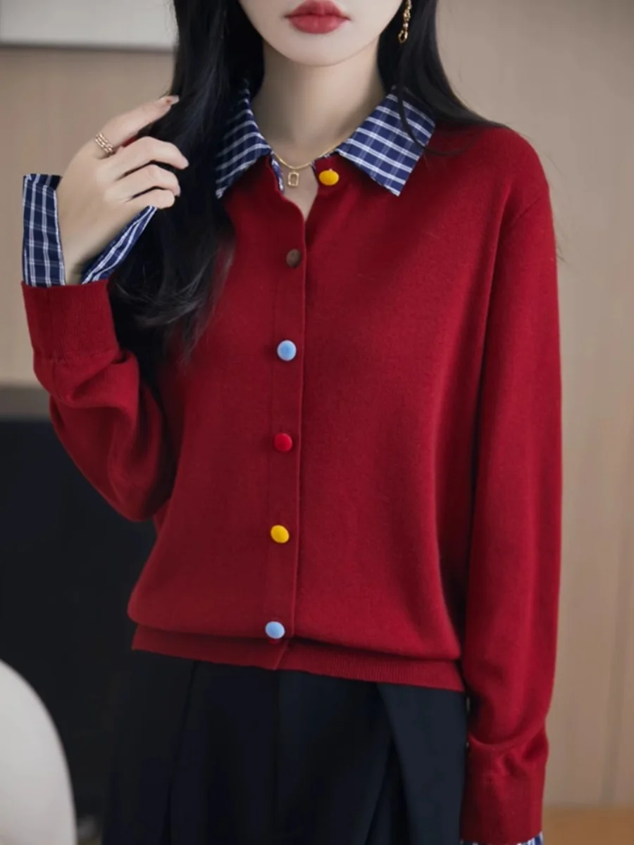 

Весна 2026: Новинка! Женский свободный вязаный кардиган с отложным воротником в корейском стиле, универсальный, в клетку, с цветовыми блоками, красный.