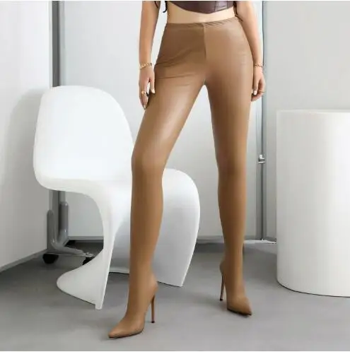 Hot Women Apricot Black Leather Pointed Toe Thin Heels Jumpsuit Boots Female Slip On Stretch Over The Knee Thigh Pants Boots