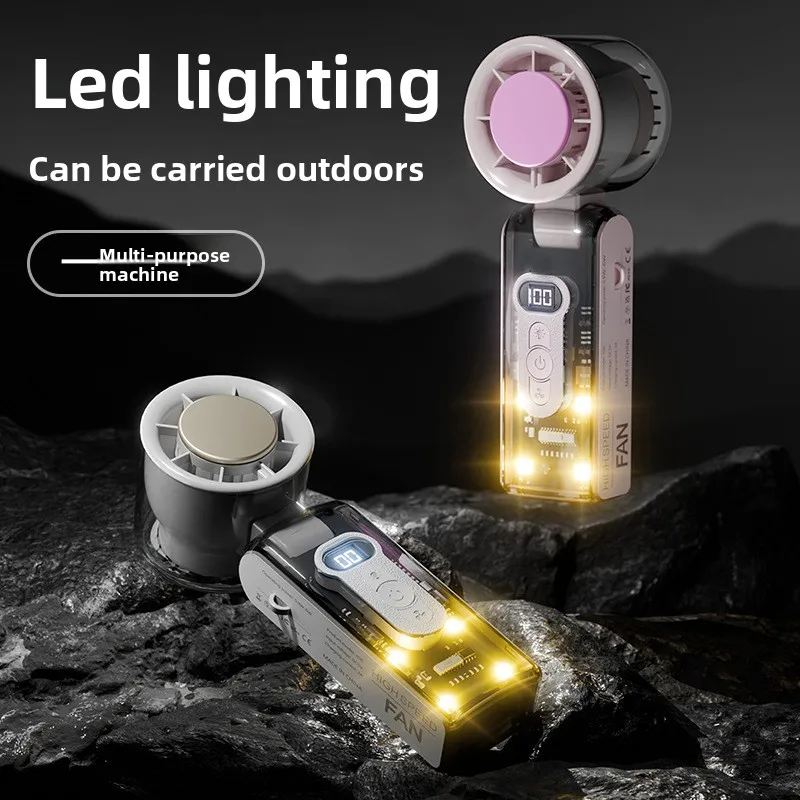 مروحة يد محمولة بقدرة 3600 مللي أمبير في الساعة، و100 سرعة رياح، وشاشة رقمية LED، ونمط ميكا شفاف، ومروحة بمقبض رائع لضغط الجليد في الهواء الطلق